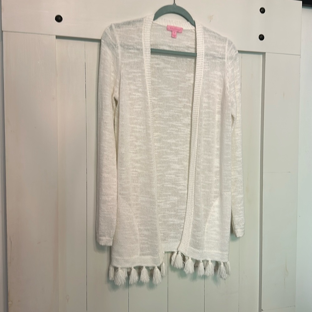 Lilly Pulitzer long white sweater with tassels, M